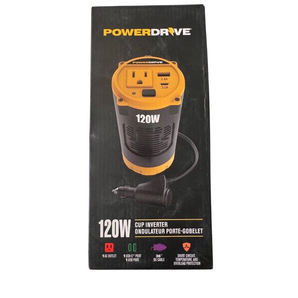 Power Drive 120W Cup Inverter 12 Volt AC Outlet USB 36" DC Cable NWB - Picture 11 of 12